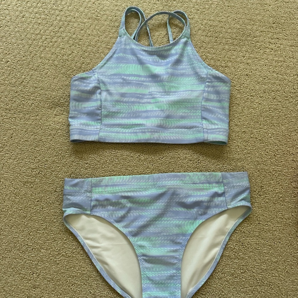 Zella Girls' Blue Seafoam Lavender Striped High-Neck Bikini Set
